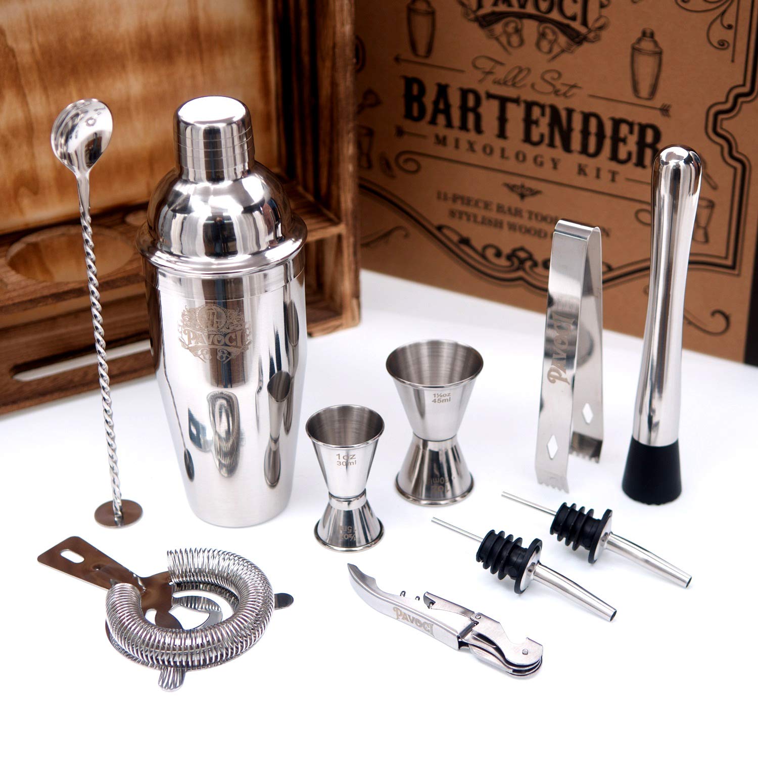 Juego de coctelería de 11 piezas, coctelera de barman de acero inoxidable de alta calidad con soporte de madera y accesorios, herramientas ideales para bar, cocina, uso profesional