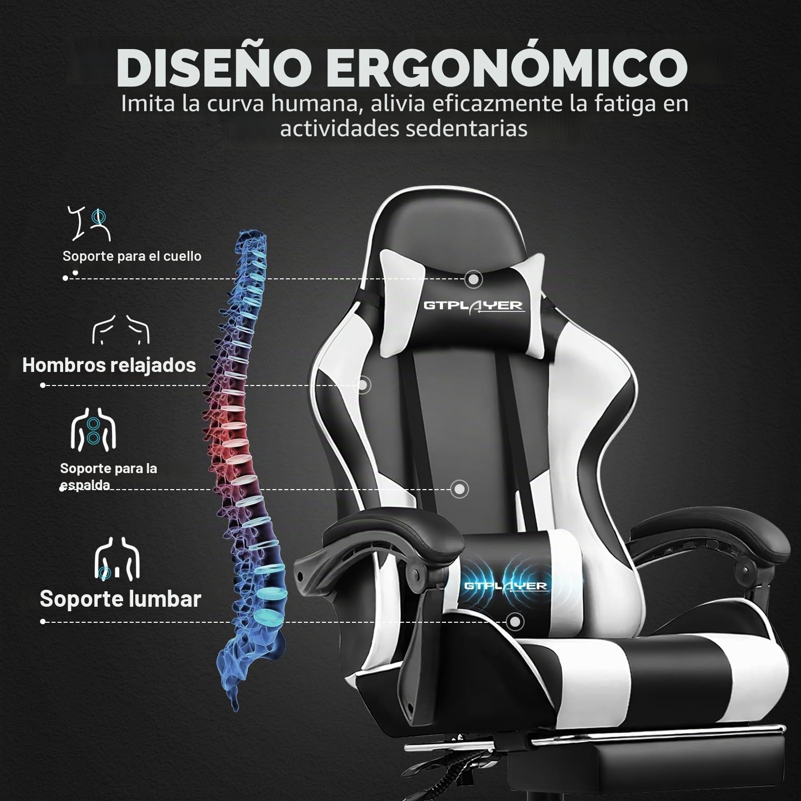GTPLAYER Silla de Oficina para Gaming, Masaje, sillón, Silla ergonómica para Gamer, con reposapiés, reposacabezas, cojín Lumbar, Acolchado, Silla giratoria, Color Blanco
