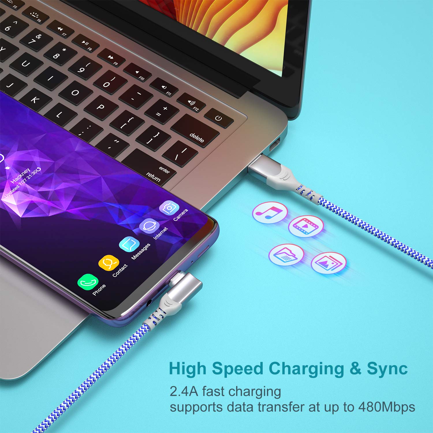 Cavo USB C a USB C da 3 m, tipo C a tipo C, Pofesun 3 Pack USB C Cavo di Ricarica Rapida ad Angolo Retto Compatibile per Samsung Galaxy S20 S10 S9 S8 Plus Note 9 8, LG G8 G7 V40 V20, Verde, Viola