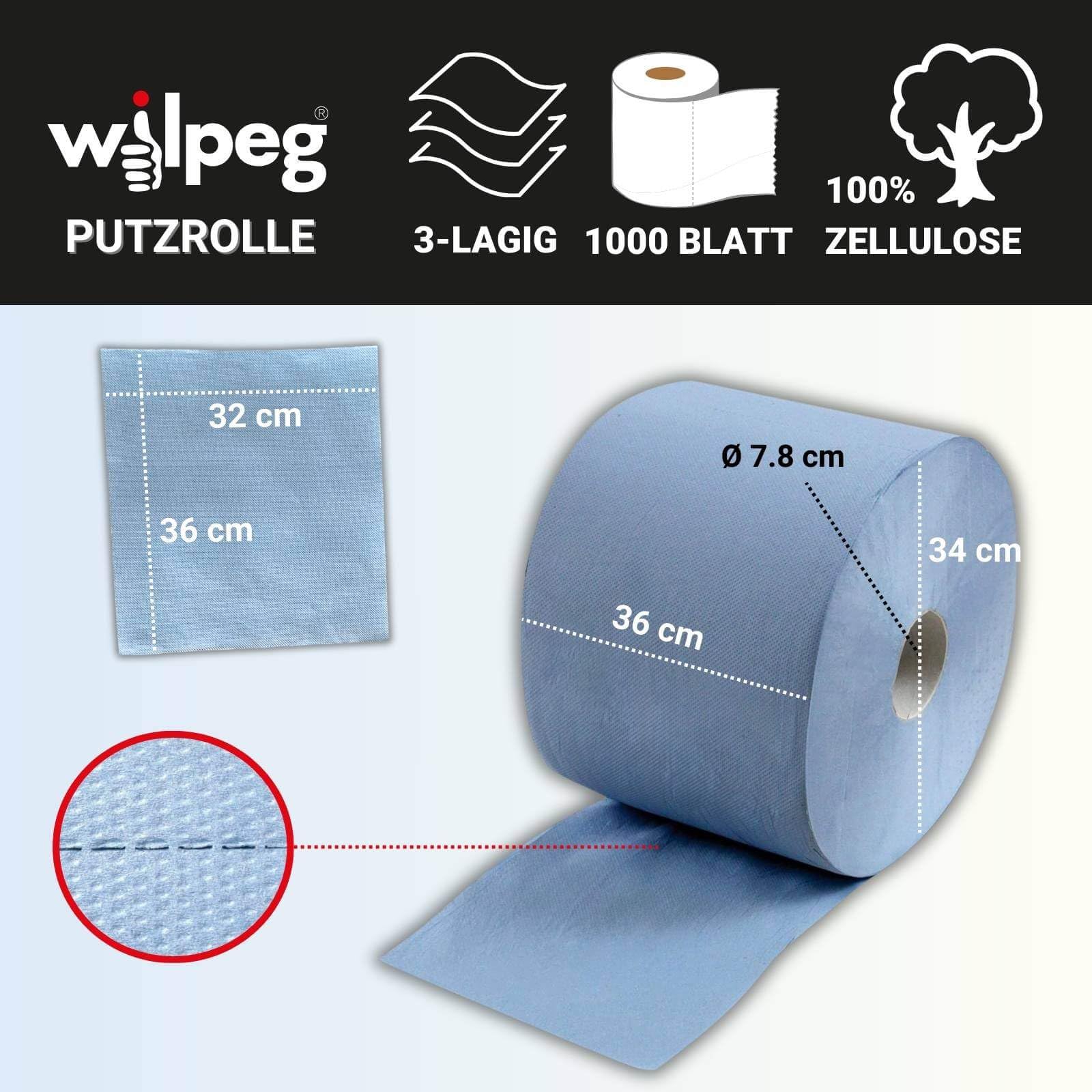 Wilpeg Papierrolle 3-lagig 1000 Blatt | Putzpapier Blau | Werkstattrolle
