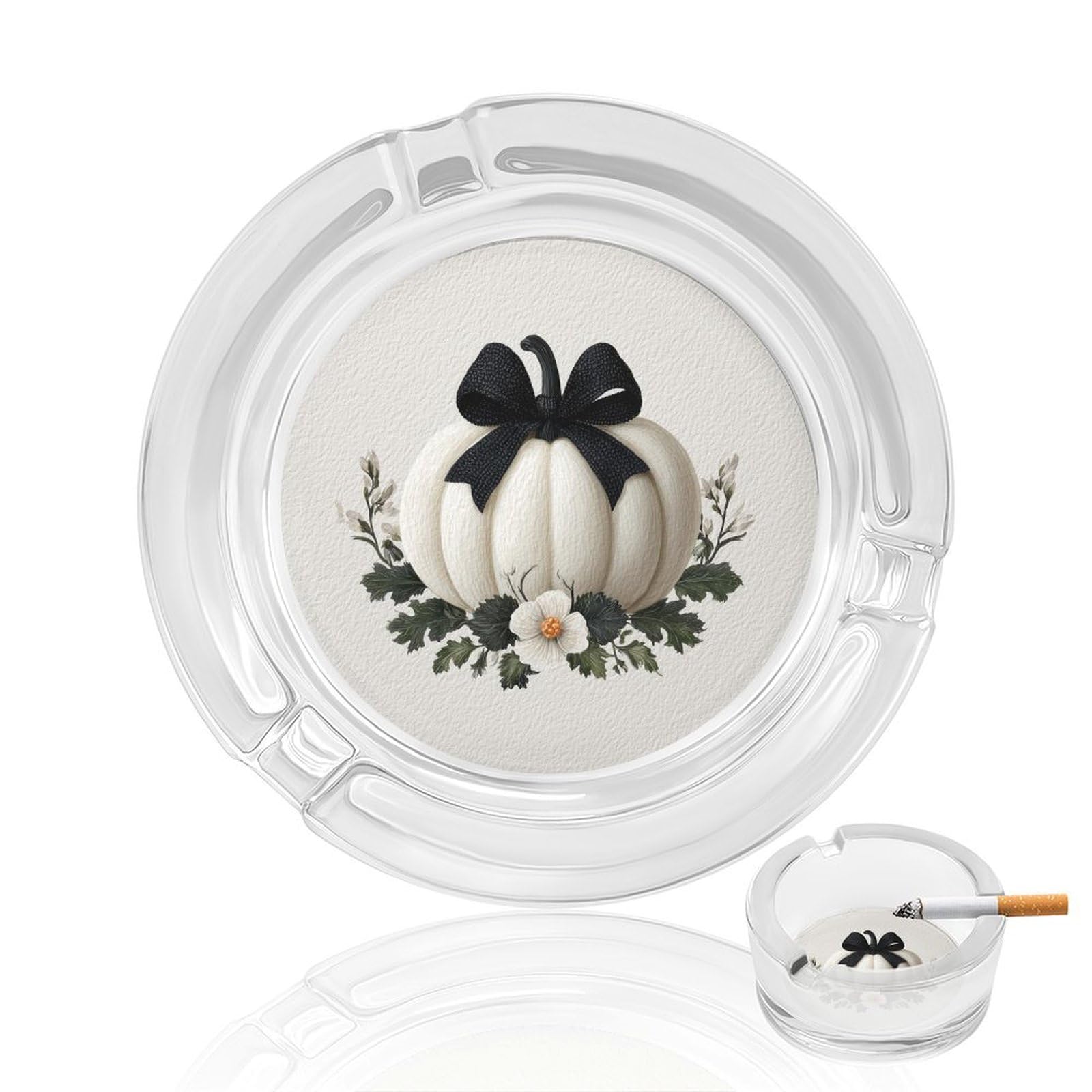 White Floral Pumpkin with A Black Bow Glass Ashtray for Cigarettes Portable Decorative Ash Trays for Home Office Decor