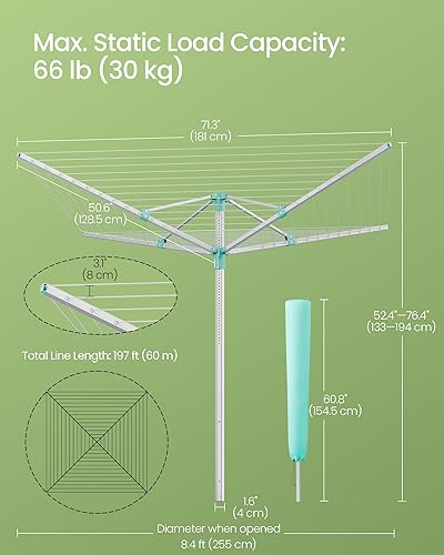 Miniatura 7 de SONGMICS Rejilla de secado para paraguas, estante de secado retráctil para exteriores, altura ajustable, tendedero de 197 pies de largo, capacidad