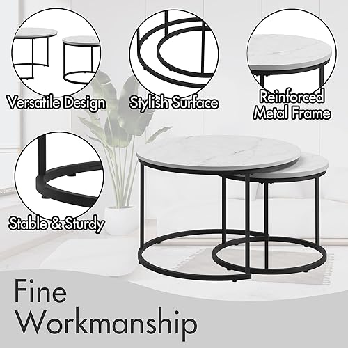 Miniatura 4 de Juego de 2 mesas auxiliares redondas pequeñas para sala de estar, 27.56 pulgadas de grano de madera de imitación de mármol sintético, mesa auxiliar