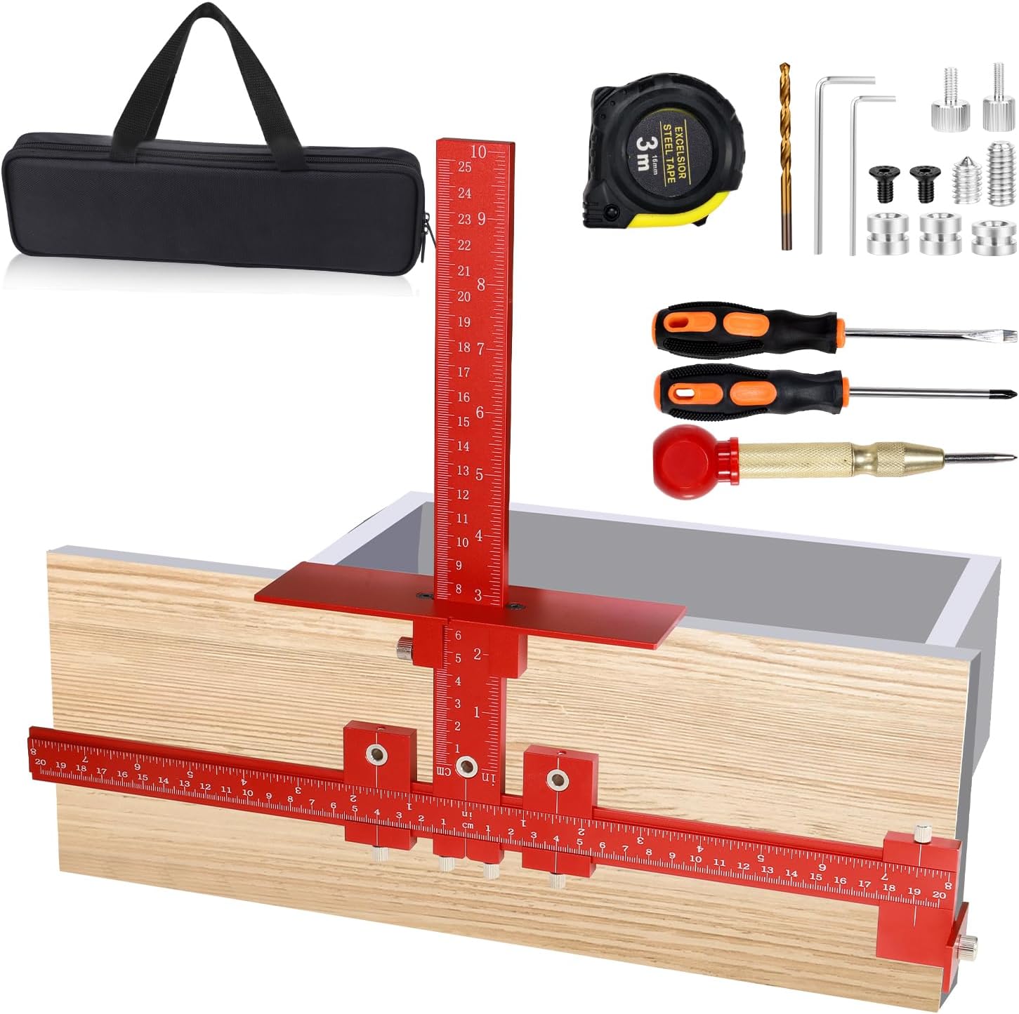 14-Piece Cabinet Hardware Jig Tool Set, Black Aluminum Alloy Cabinet Handle Jig & Drill Guide Template for Drawer Knobs, Door Pulls, Cabinet Handle Template & Hinge Adjustment Tool