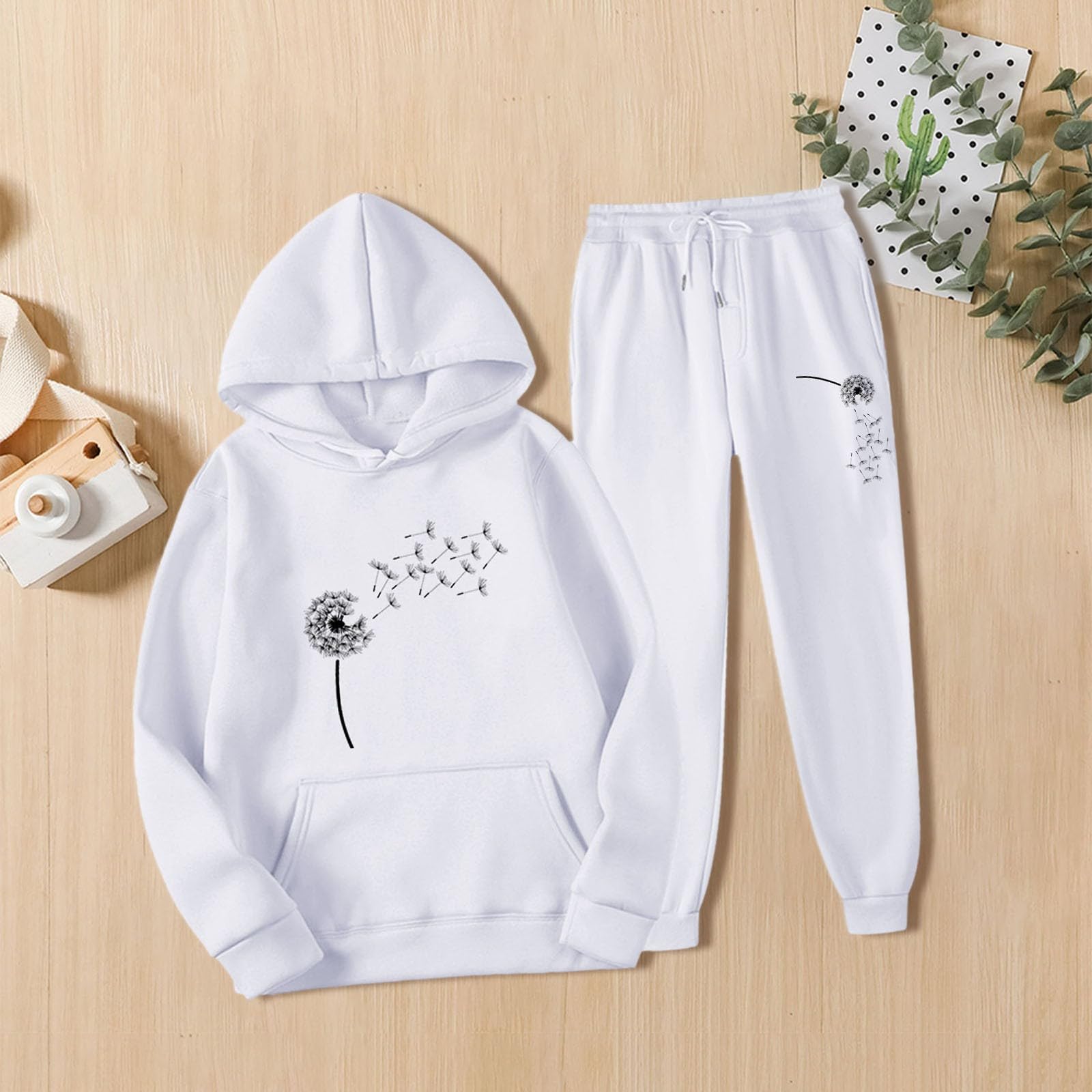 Tuta da jogging da donna, leggera, con stampa divertente, 2 pezzi, con coulisse, tasche, felpa a maniche lunghe con cappuccio e elastico in vita, pantaloni lunghi