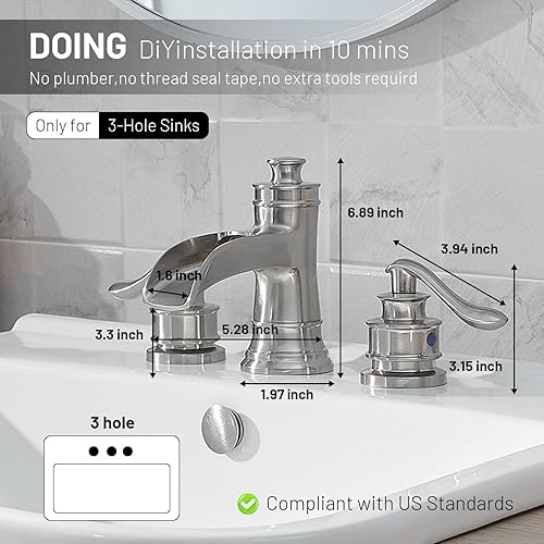 Miniatura 6 de Grifo de baño de 8 pulgadas, 3 agujeros, 2 asas, níquel cepillado, cascada, grifo de lavabo de baño con desagüe emergente, grifo mezclador con línea