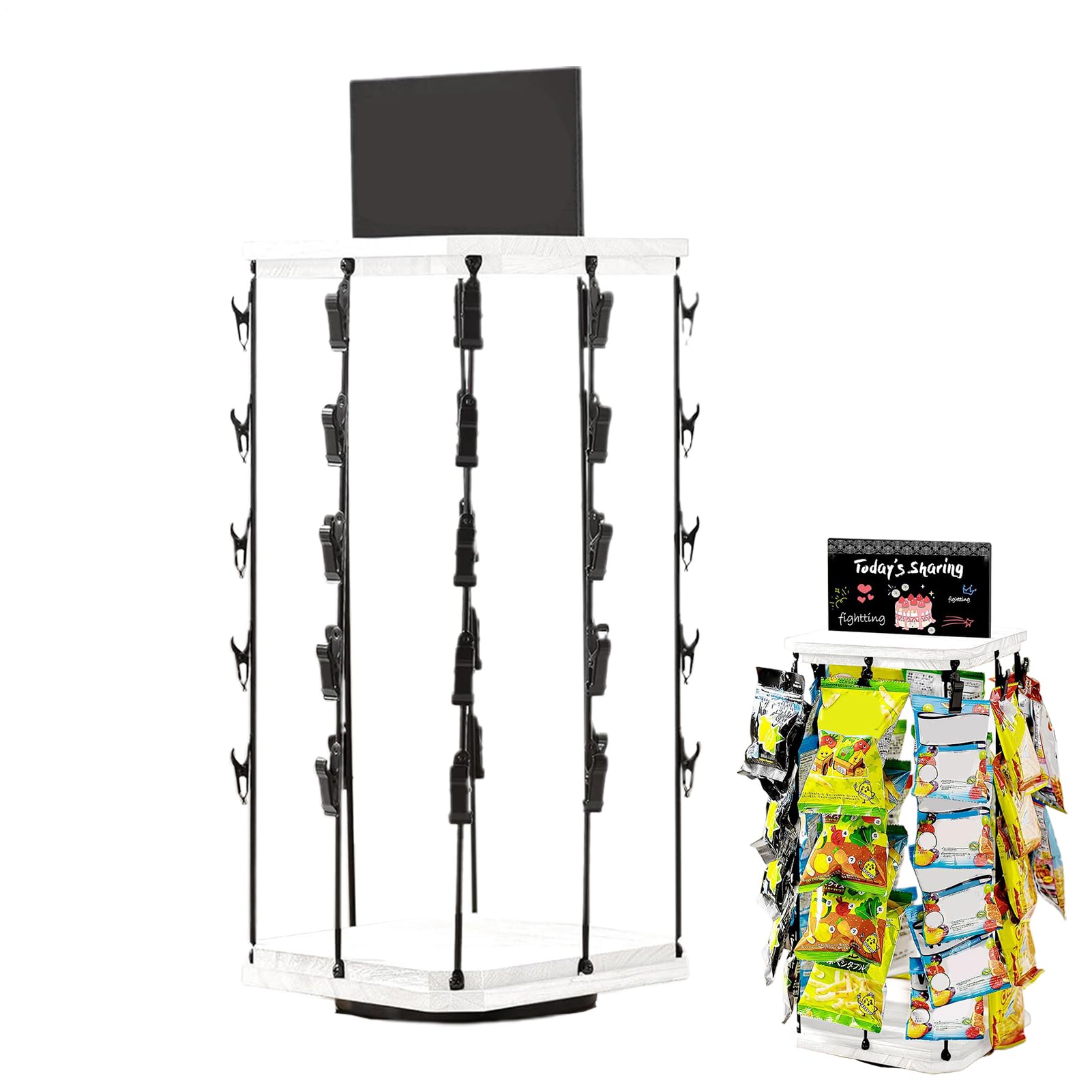Espositore Snack da Bancone Porta Borse per Patatine Girevole | Base in Legno con Bacheca per Messaggi, Organizzazione Alimenti e Dispensa per Conservazione Cibi