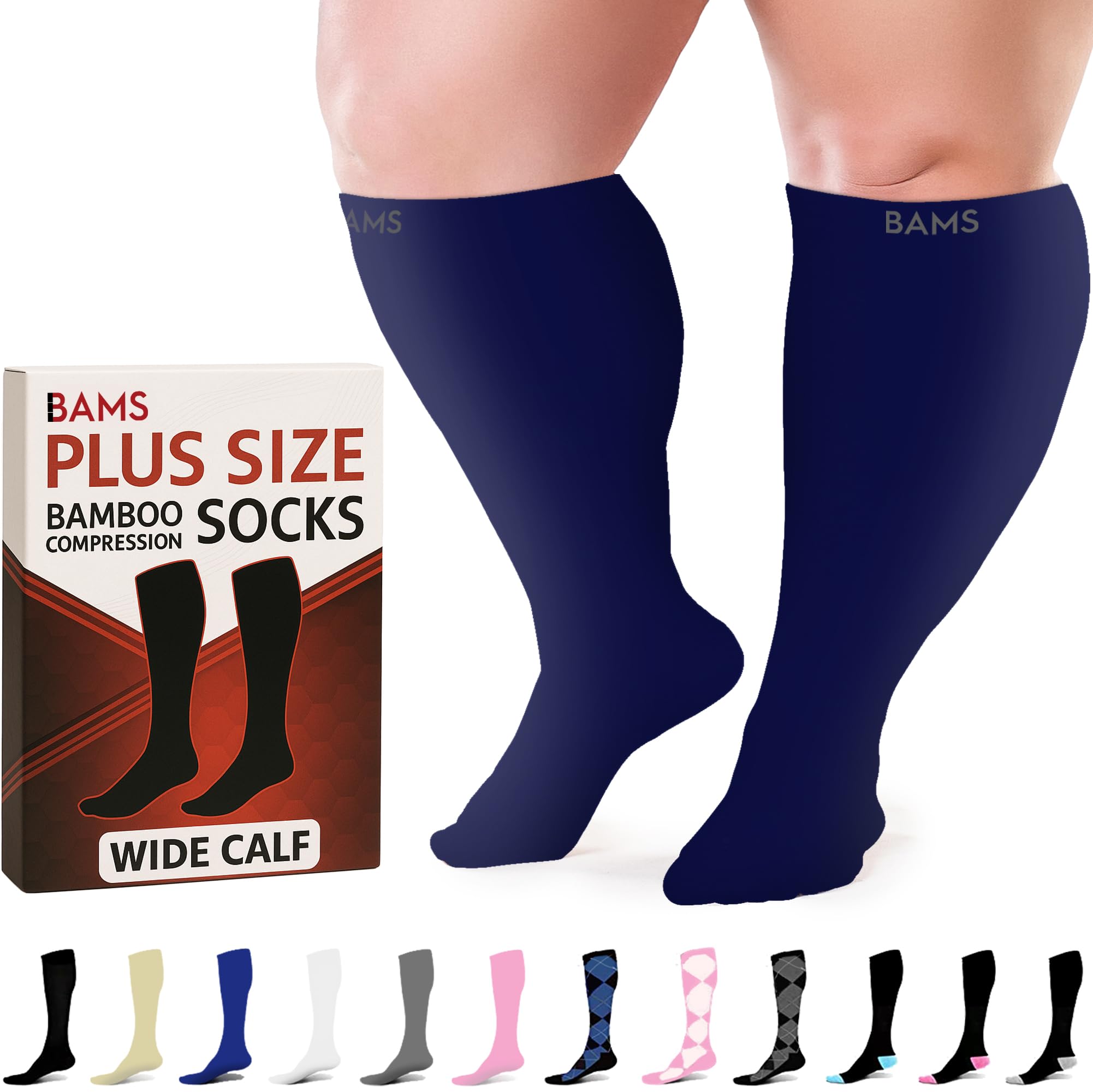 BAMS Plus Size Compression Socks Wide Calf XL XXL XXXL – Graduated Knee-High Support, Viscose from Bamboo Easy-On/Easy-Off