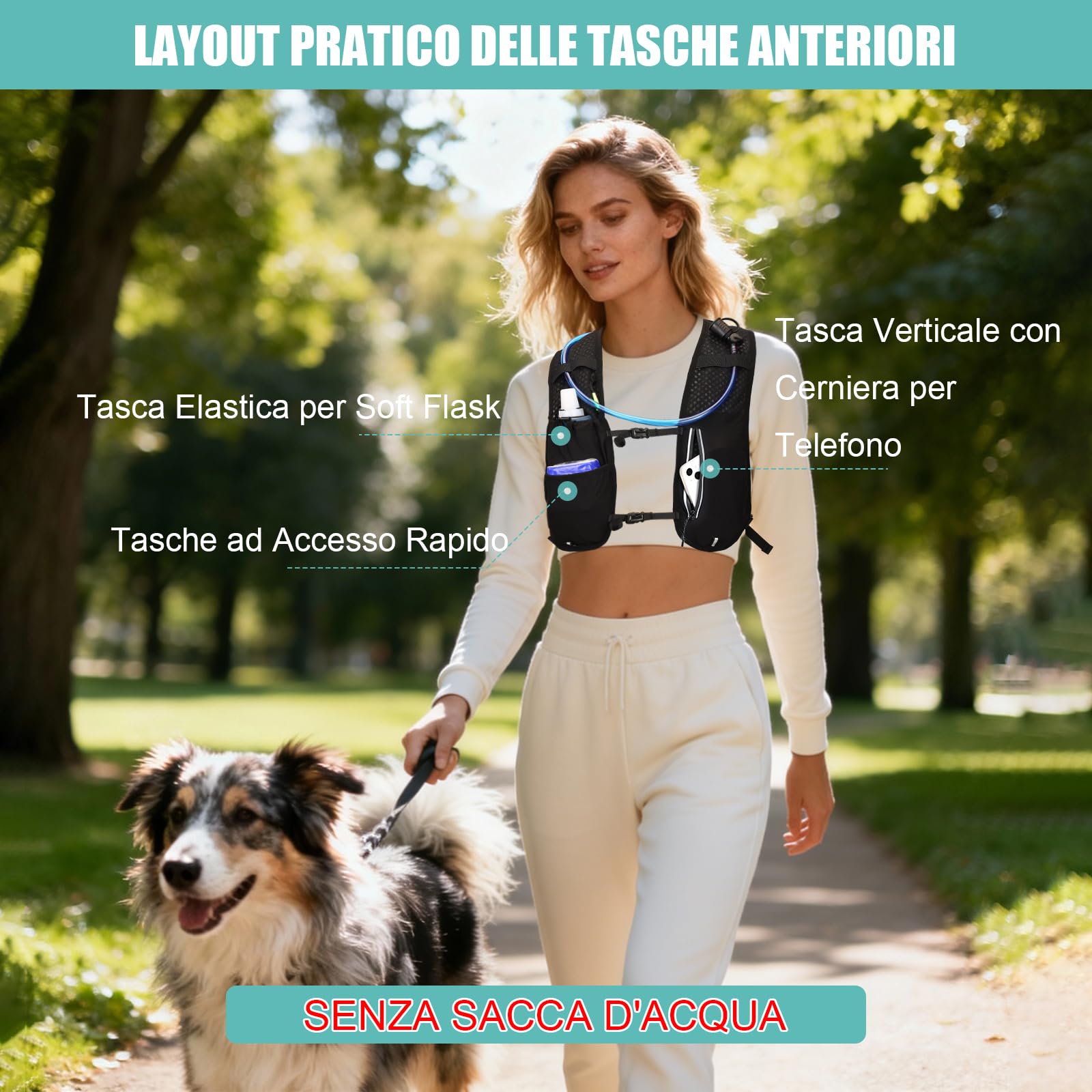 Gilet Running Uomo Donna, Zaino Trail Running, Running Vest con Soft Flask 500ml y Luce LED, Gilet Corsa Traspirante Riflettente per Jogging Marathon Trekking Ciclismo, Leggero Solo 175g