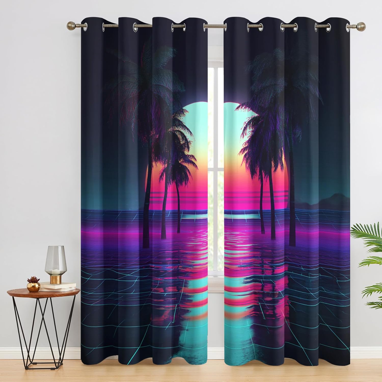 Retro Vaporwave Curtains for Living Room, Synthwave Sunset Blackout Curtains for Bedroom - Neon Mountain Decor Window Treatments 39 Inch Length, Grommet Drapes 2 Panels Set E138