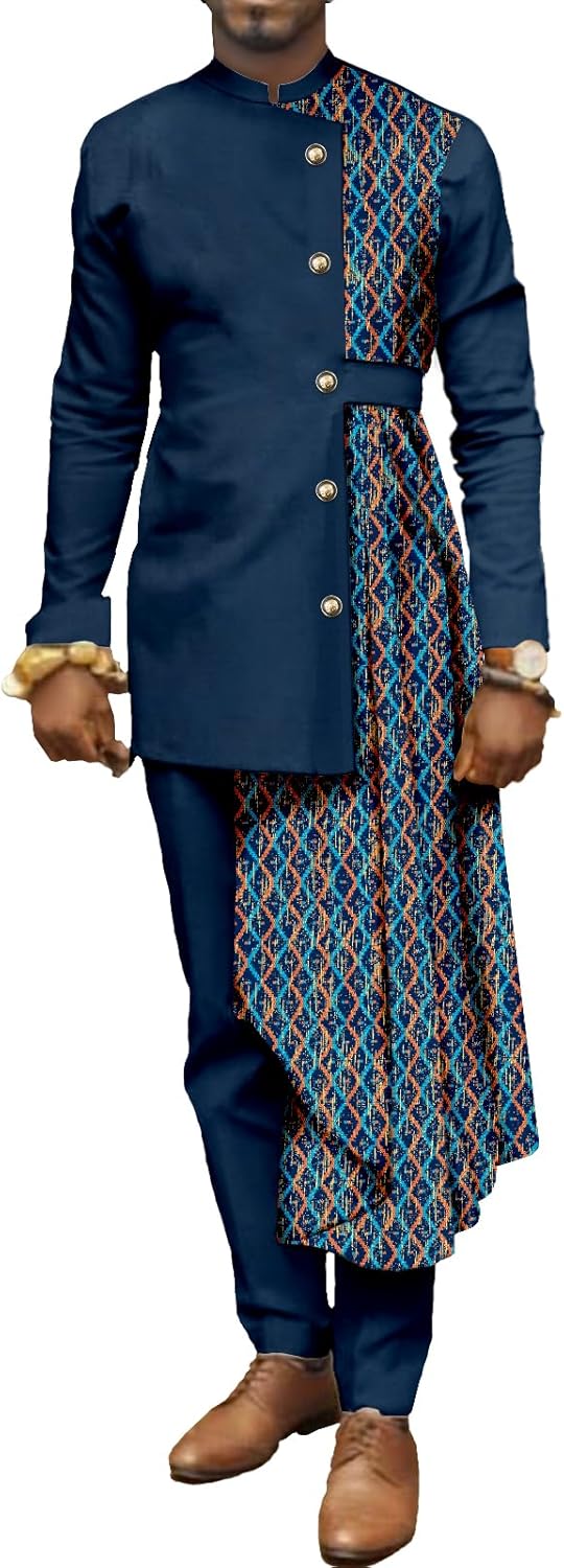 African Suit for Men Coat Long Sleeve 2 Piece Set Dashiki Ankara Print Patchwork Blazer Party Wedding Outfit