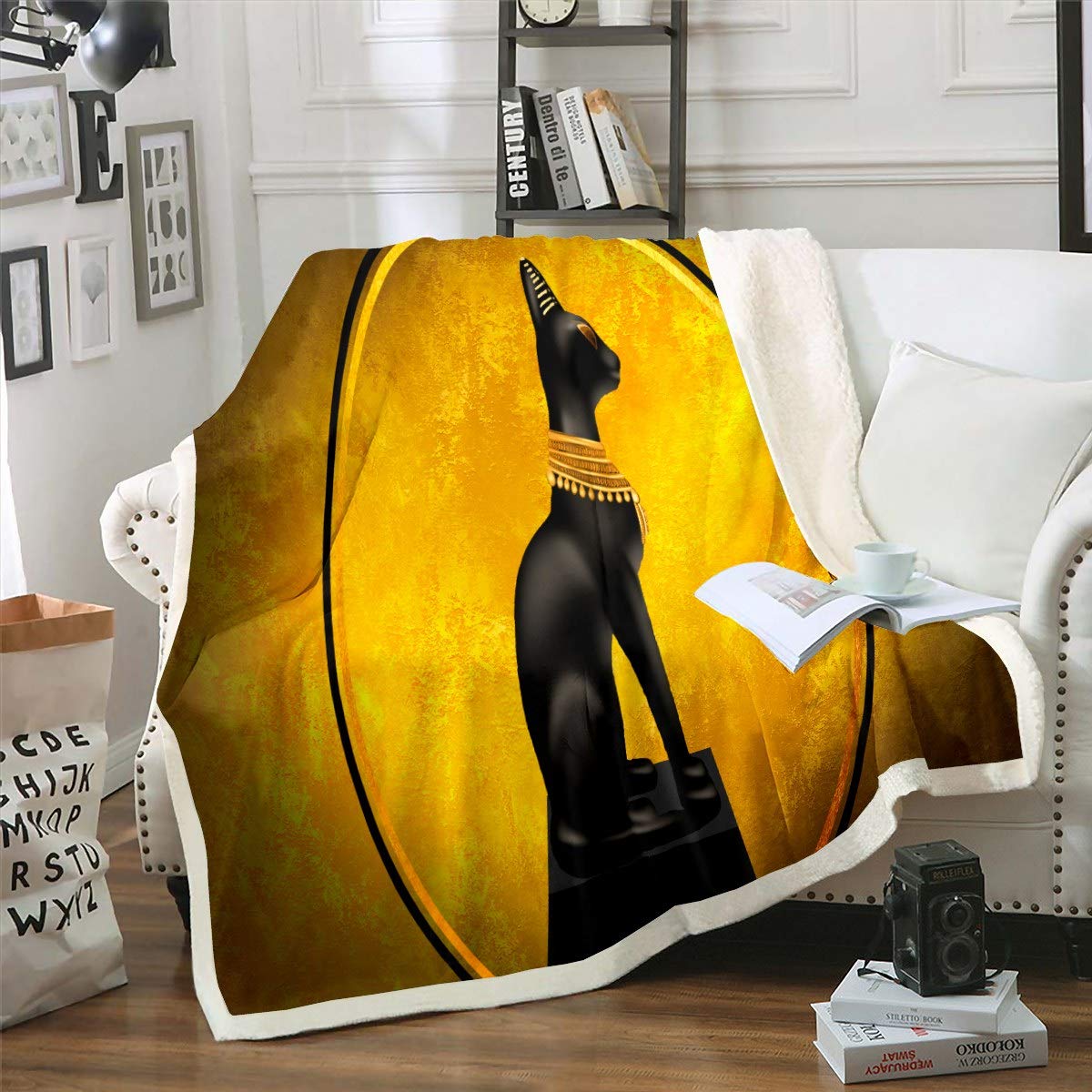 Loussiesd Black Cat Ancient Egypt Style Sherpa Blanket Egypt Culture Fleece Throw Blanket for Sofa Bed Couch Egyptian Cat Statue Decor King 87"*94" — image 1
