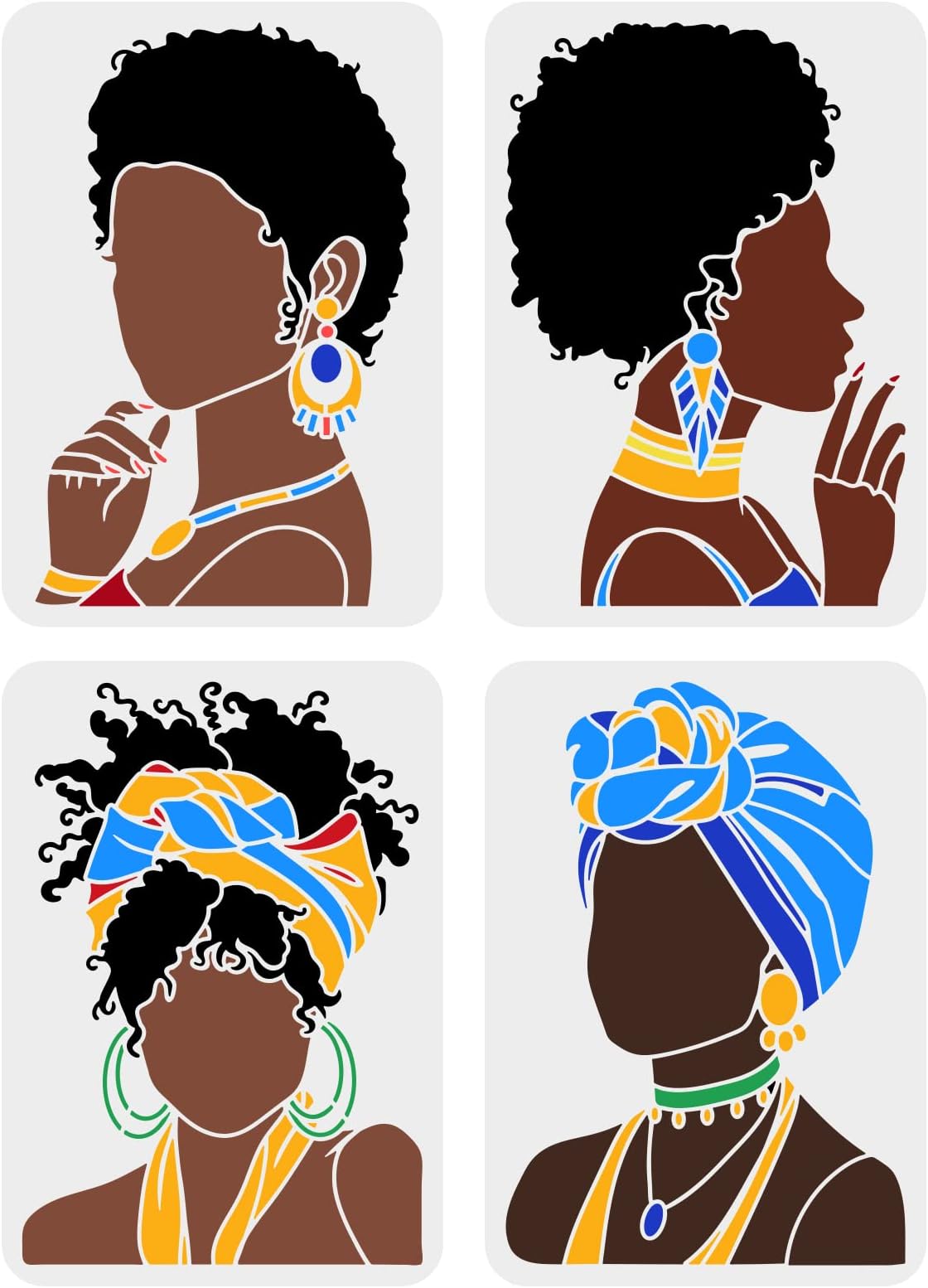 FINGERINSPIRE 4 Pcs Beauty African Tribal Girl Painting Stencils 11.7x8.3 inch Young Girl Face Silhouette Stencil Reusable PET Hollow Out Craft Template for Painting on Wall Wood Furniture