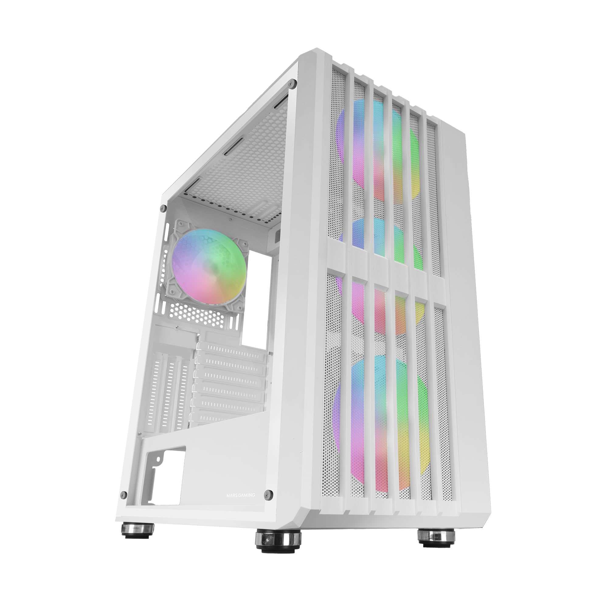 MARSGAMING MC-VAULT, Case Gaming ATX, 4x Ventole ARGB 120mm, Pannello Frontale Mesh con Design Verticale, Finestra Laterale Vetro Temperato, 3x Slot PCI Verticali, Semitorre PC Professionale, Bianco