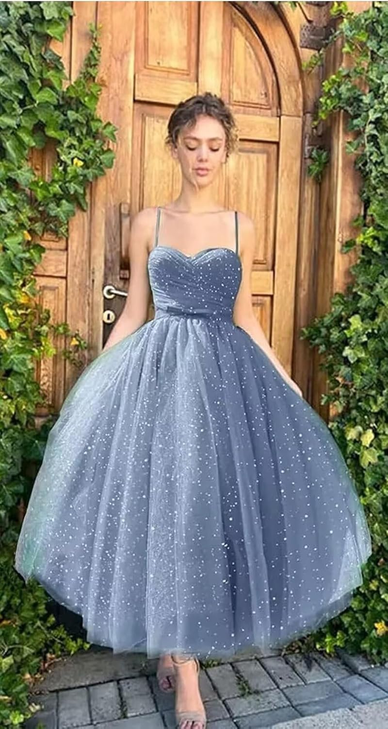 Tea Length Tulle Prom Dress 2026 for Women Formal Sparkly Glitter Party Evening Dress Spaghetti Straps Ball Gown