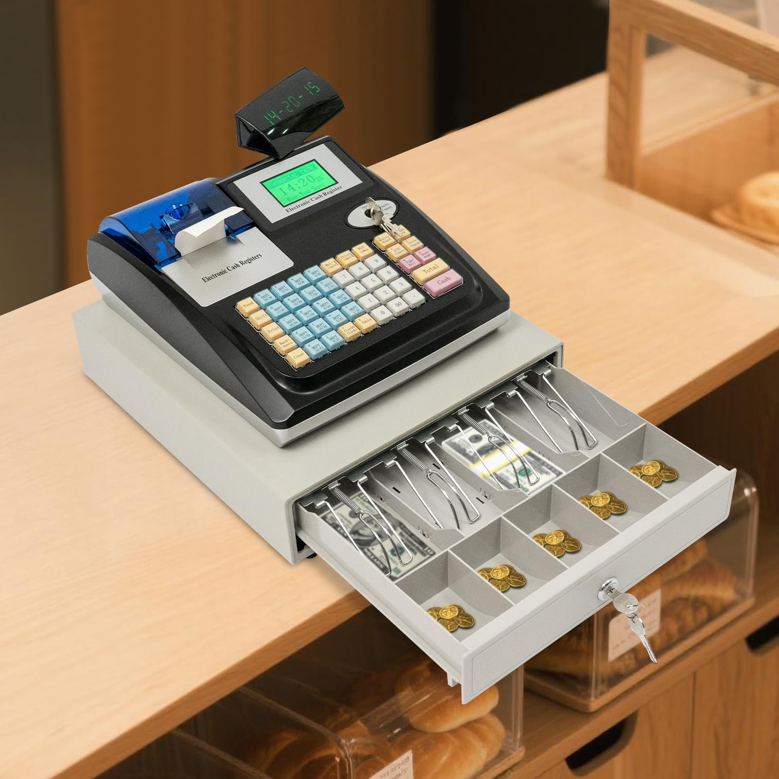 Caisse enregistreuse pour petites entreprises - Caisse enregistreuse pour commerce et gastronomie - 48 touches - 36 compartiments - 2 voies - Affichage pour restaurant, commerce de détail - Boîtier en