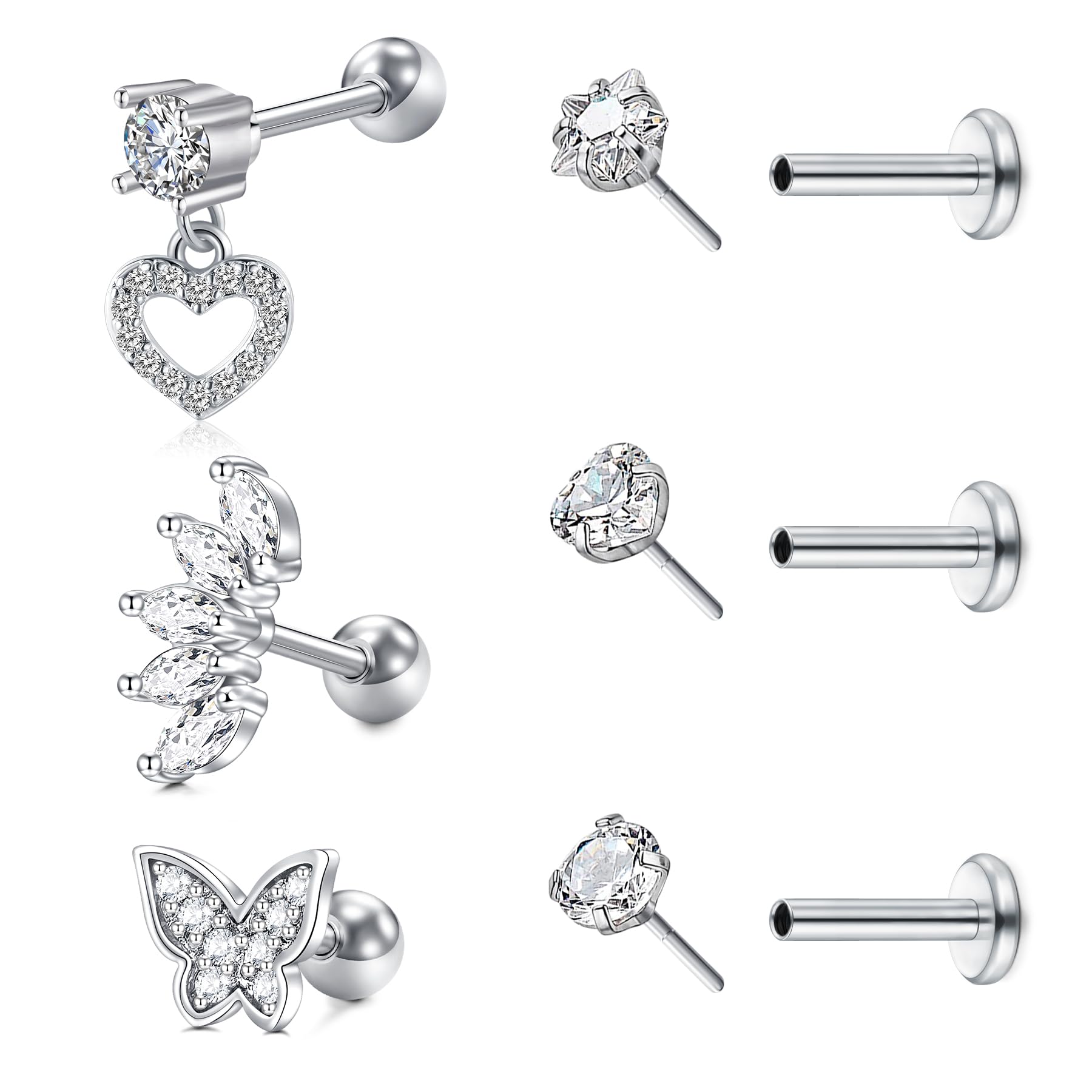 NIUSIMAN Helix Piercings,6 Piezas Piercing Oreja Trago Piercings Plata Helix Piercings Acero Quirúrgico Con Piercing Oreja Corazón Mariposa Piercing Oreja Joyería CZ Labio Piercing Señoras Hombres