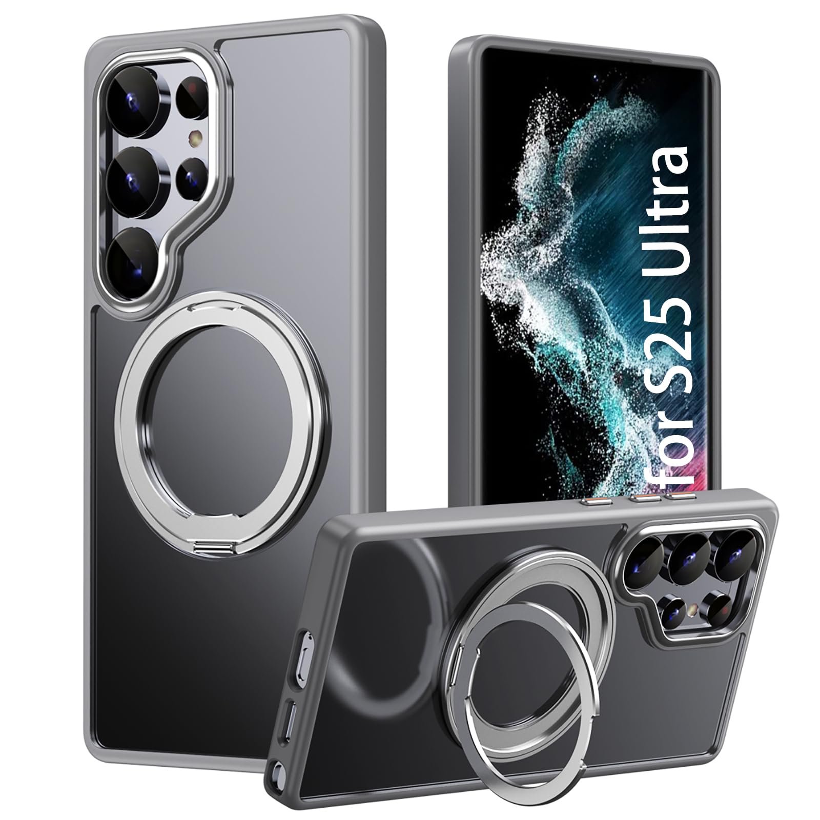 Casesmo Galaxy S25 Ultra ケース MagSafe対応 S25 Ultra ケース キックスタンド付き し ギャラクシーS25ultra マグネットケース 耐衝撃 カバー【360度回転スタンド·隠しスタンド】 縦横両対応 米軍MIL規格 レンズ保護 ワイヤレス充電 指紋防止 黄ばみなし ストラップホール付き 半透明 マット仕上げ ケース，グレー