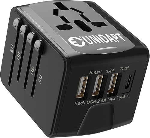 Unidapt Adaptador de corriente internacional cargador de viaje todo en uno universal USB adaptador de viaje con 4 USB para Euro, AU, Reino Unido,