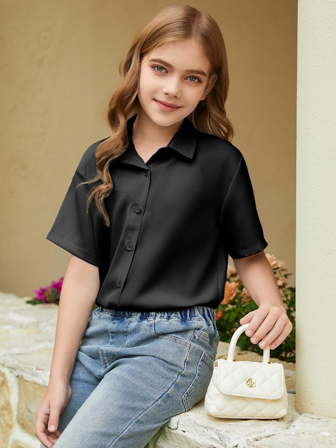 ZDC Girls Short Sleeve Dress Shirts Kids Summer School Uniform Button Down Shirt 5-14 Years - Image 5