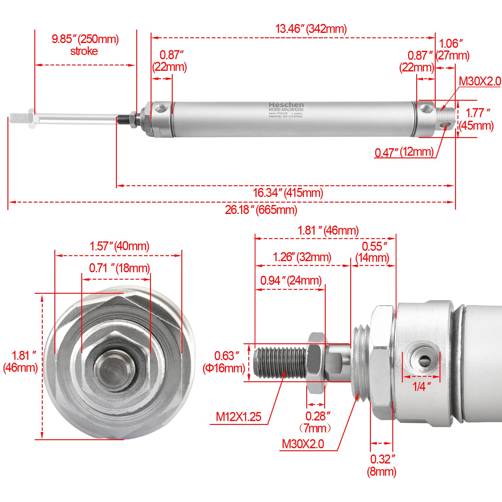 Heschen Vérin pneumatique mince, MAL 40-250, PT1/4'' Port, Alésage 40mm, Course 250mm, Double Effet