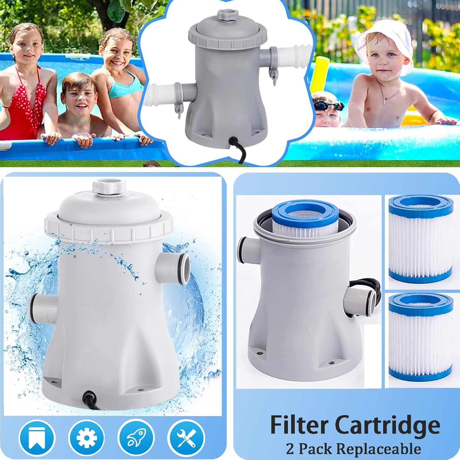 Pool Filter Pump 330 Gph Paddling Pool Pump with 2 Pool Filter for Pool Pumps Above Ground, Small Pool Filter