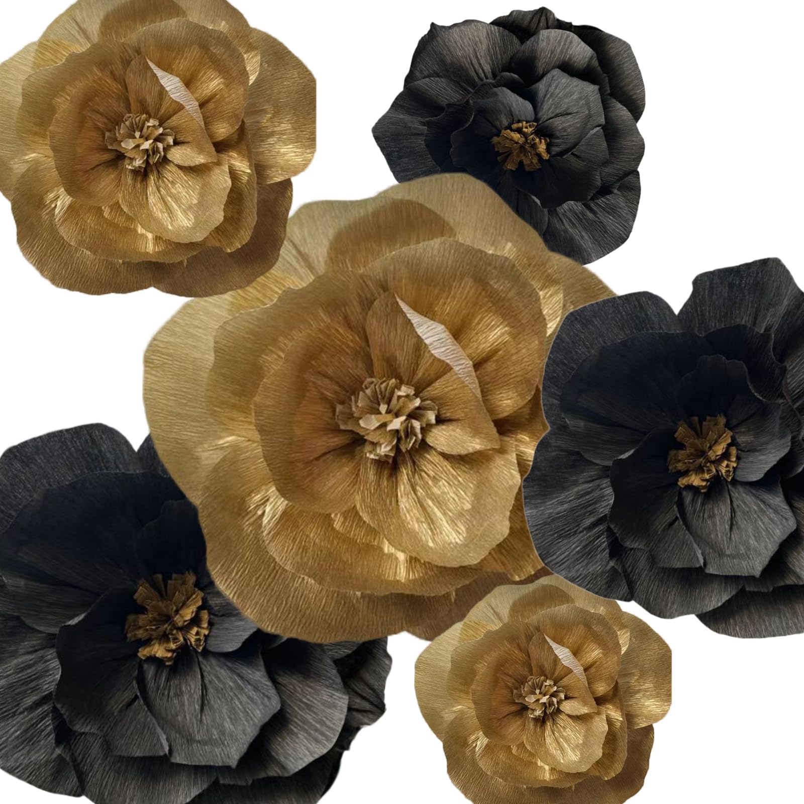 SZHUIHER Crepe Paper Flowers Decoration for Wall Total 6 Pcs, Artificial Flowers for Wedding Decor,Flower Backdrop Decor, Baby Bridal Shower Birthday Party, Black Gold 3D Wall Flowers Decor