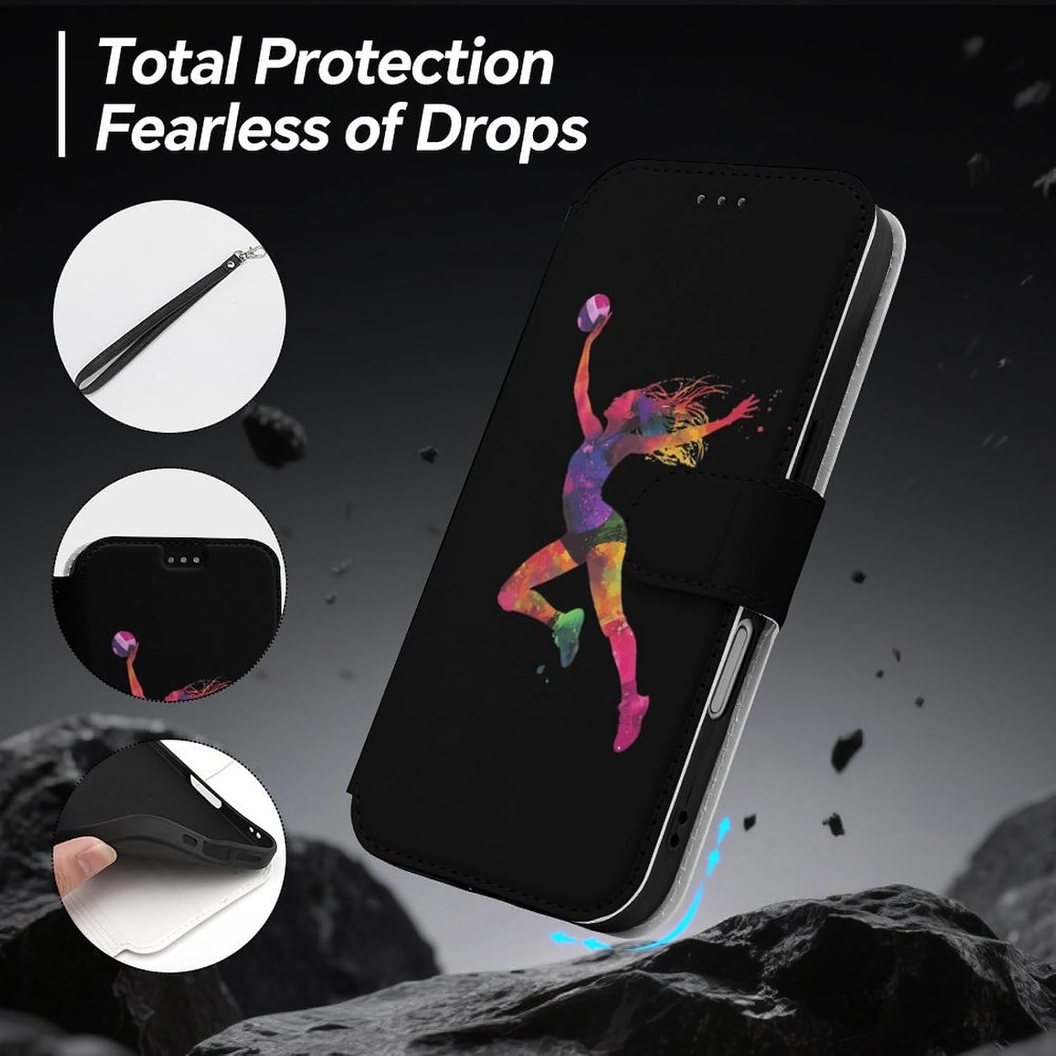 Volleyball Sports Compatible with iPhone 16/16 Plus/16 Pro/16 Pro Max/16 E Case Phone Wallet Card Holder Flip Cover with Wrist Strap
