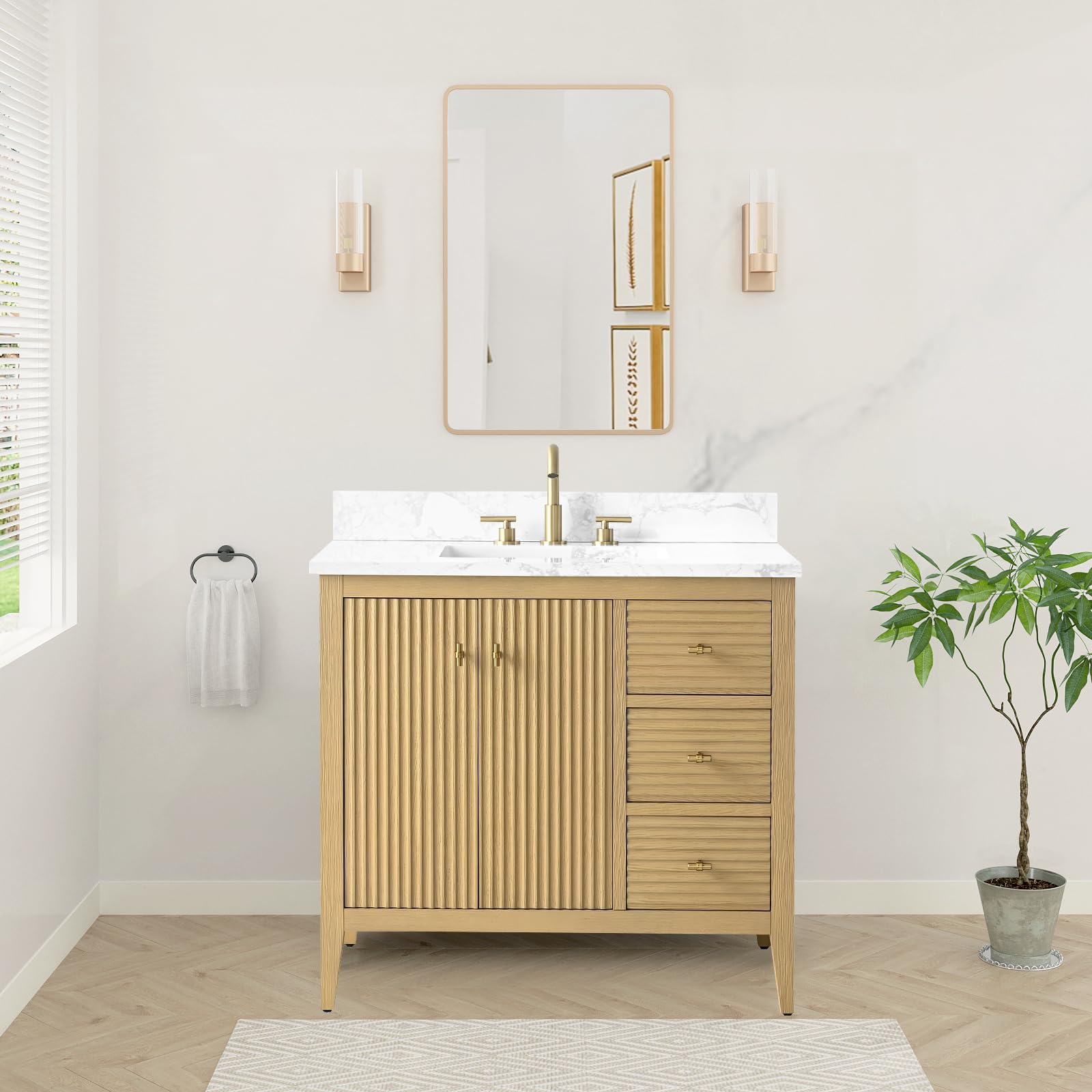 HOMEBEYOND 36" Bathroom Vanity with Sink, Solid Wood Bathroom Vanity Free-Standing Cabinet, Drawers, Ceramic Top & Soft Closing Door, Golden Brushed