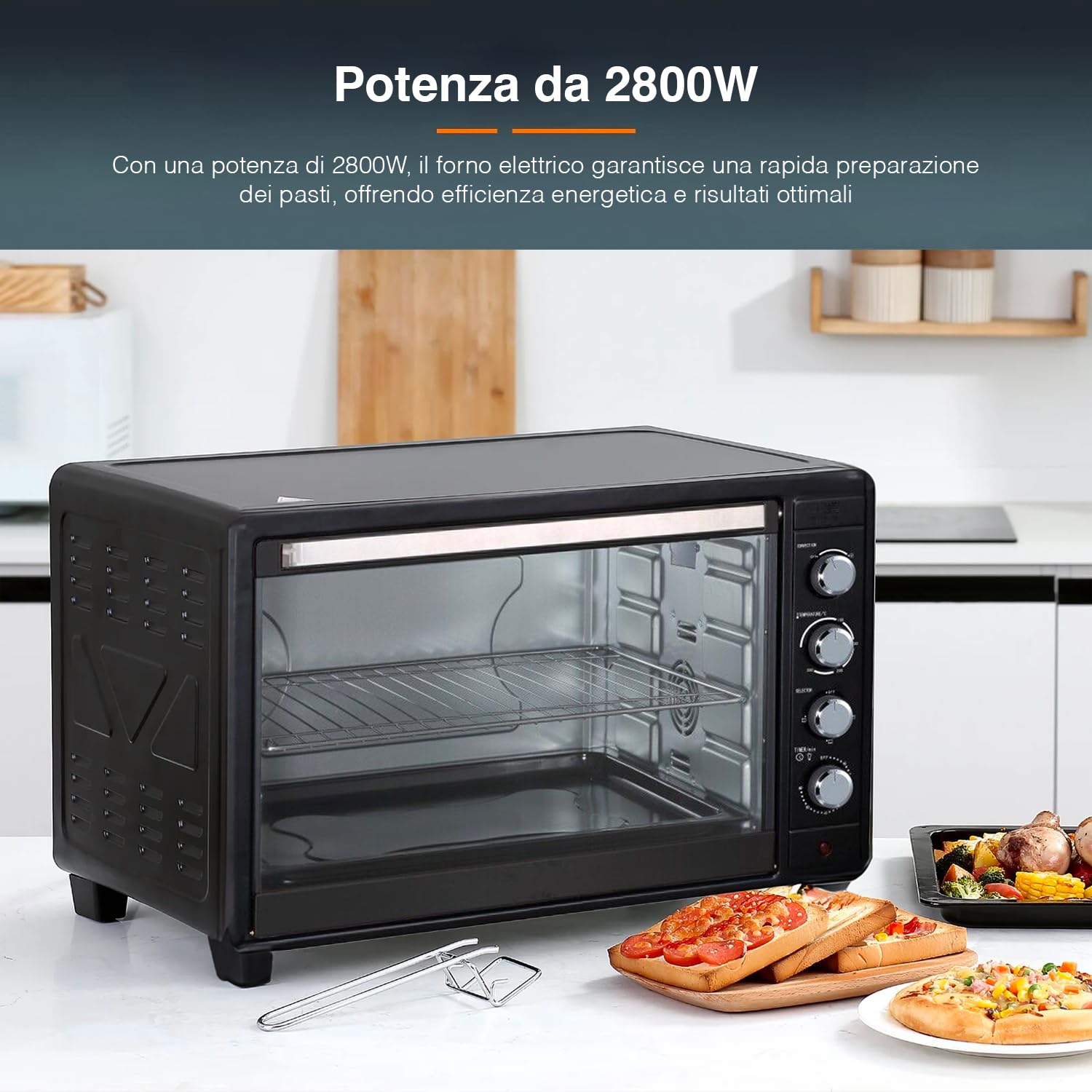 Forno Elettrico Ventilato con Griglia e Teglia - Fornetto Elettrico con Termostato Regolabile, 64x47.8x42.1cm, 80L, 2800W, Nero