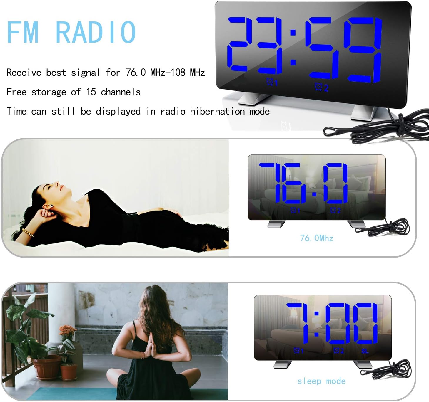 Arloġġ tal-allarm li juri l-frekwenza tar-radju FM