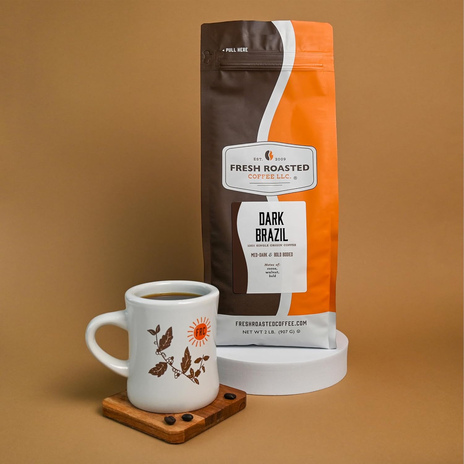 Fresh Roasted Coffee, Dark Brazil, 2 lb (32 oz), Med-Dark Roast, Whole Bean, Kosher