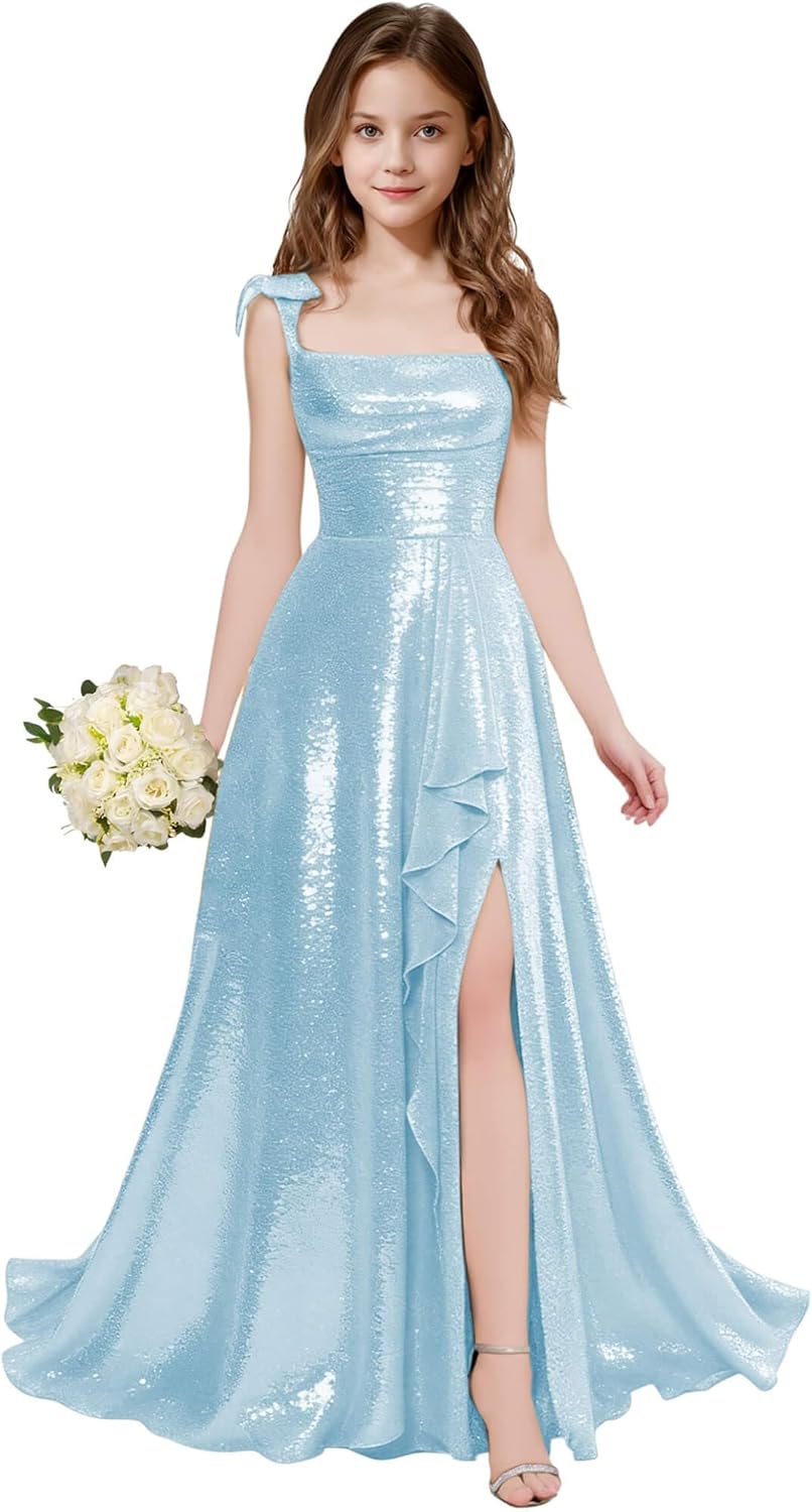 Junior Bridesmaid Dresses for Teen Girls Sequin Flower Girl Dress Ruffles Wedding Guest Spaghetti Straps Party Gowns