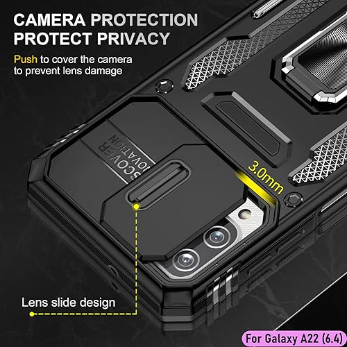 Miniatura 4 de Funda resistente para Samsung Galaxy A22 (4G), protector híbrido de goma de doble capa de grado militar con protector de cámara deslizante, soporte