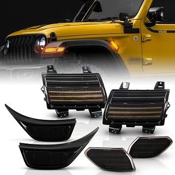 Gempro LED Fender Lights Kit for 2018-2020 Jeep Wrangler JL Side Marker Vent Lights Sequential Amber Turn Signals&White Parking Lights 6PCS, Smoked Len