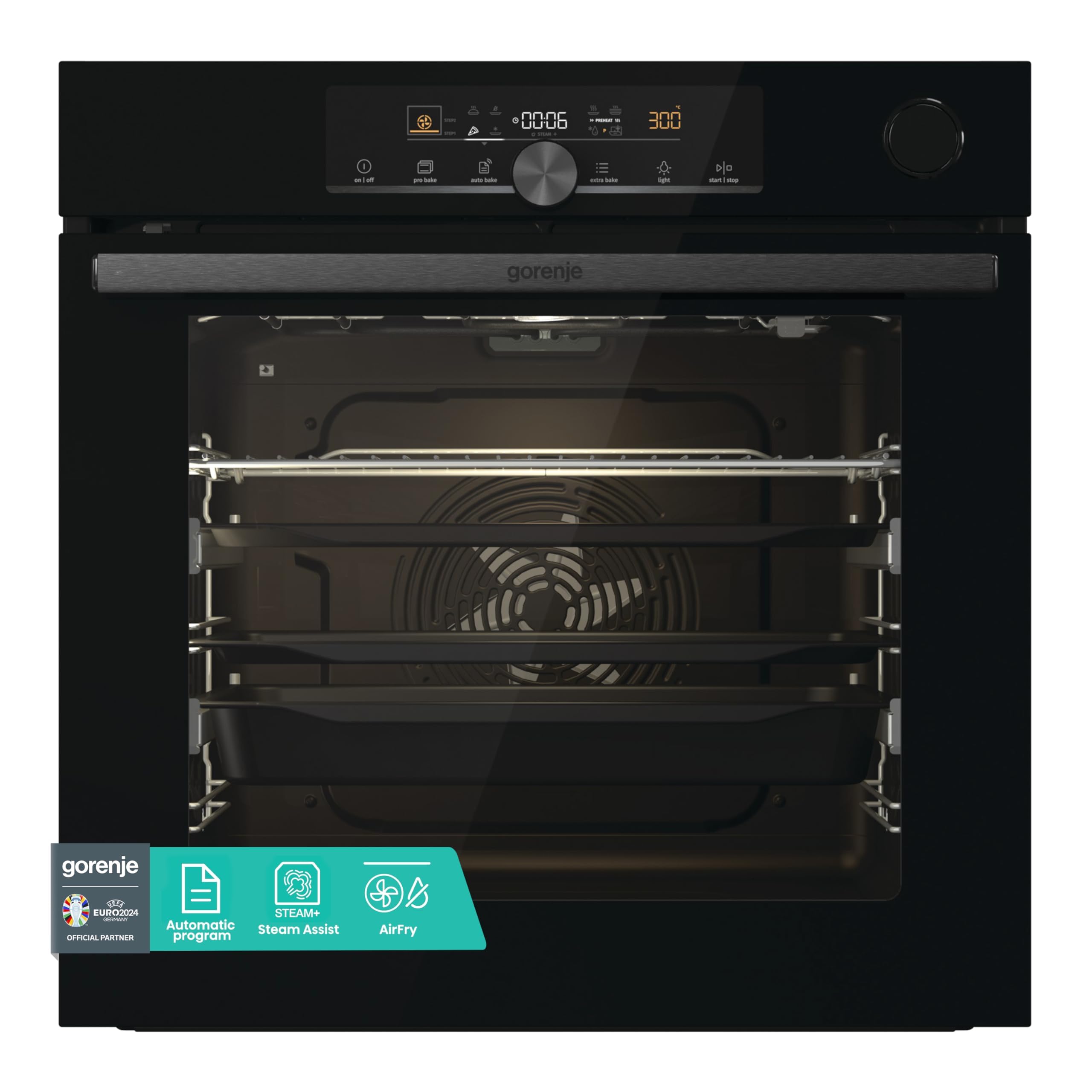 Gorenje OptiBake Advanced BPSA 6747 A08BG Einbau-Backofen / 77L / Heißluft / Pyrolyse / AutoBake / Touch Bedienung / Bratenthermometer / GentleClose & Open / SteamAssist / PizzaMode 300°C/ schwarz