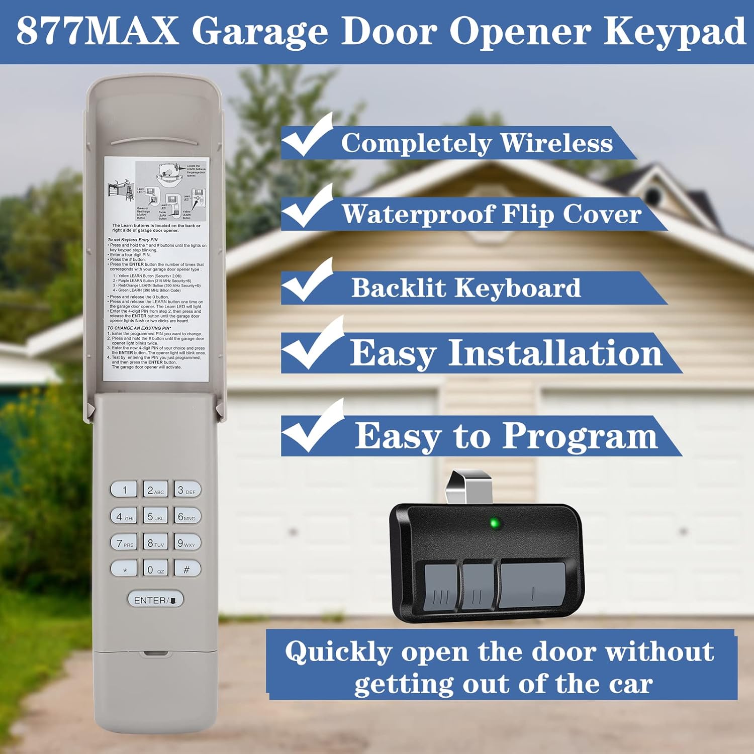 Garage Door Keypad 877MAX with 893MAX Garage Door Opener Remote, 3-Channels Garage Keypad Replace 878MAX 377LM 877LM 376LM 977LM, Fit for All Liftmaster Garage Door Opener Since 1993, 315/390 MHz - - 