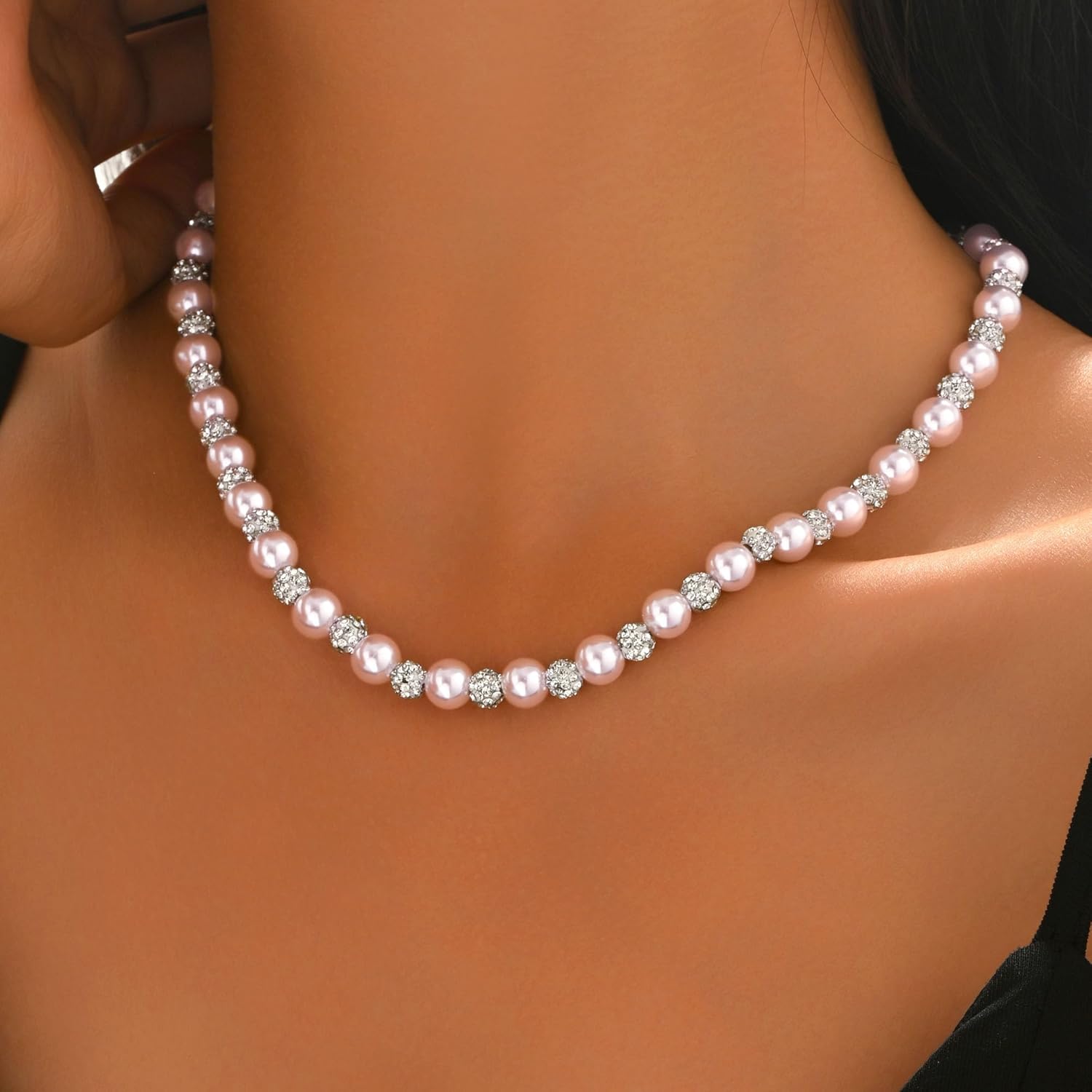 Pink Pearl CZ Choker Necklace for Women 925 Sterling Silver Dainty Crystal Bead Charm Chain to Daughter Mom Cute Rose Color Pearl Necklaces Elegant Boho Valentines Day Jewelry Gifts - Image 5