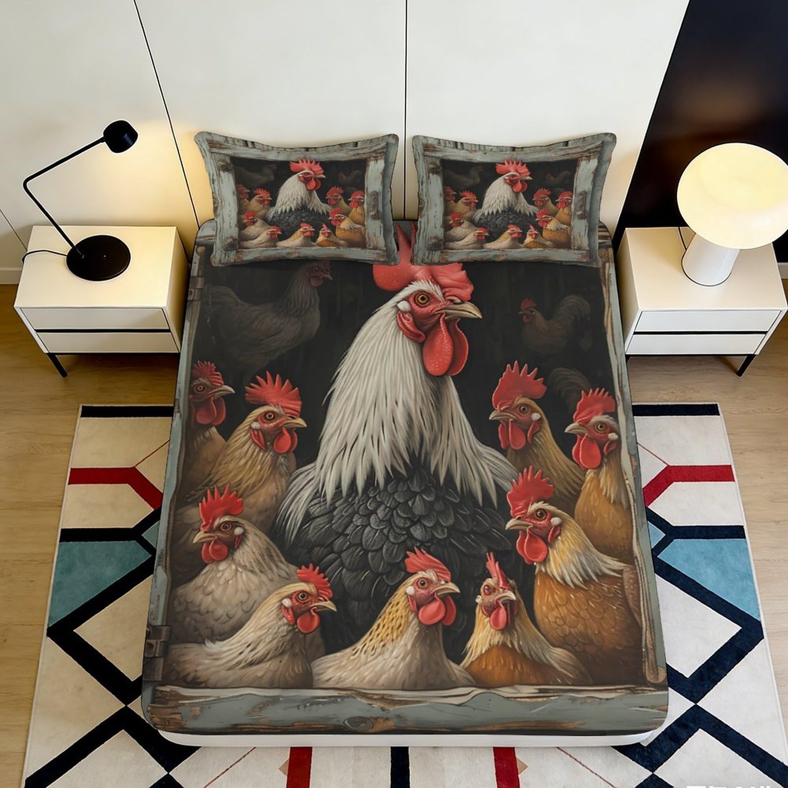 3D Printed Chicken Farm Fitted Sheet Microfiber Soft Breathable Rooster Bed Cover for Bedroom Guest Room Decor 90x200x25cm