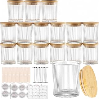 CONNOO 16pcs Ribbed Glass Candle Jars with Bamboo Lids, 7oz Thick Containers with Wicks & Stickers for DIY Candle Making, Clear Glass Jars for Bulk Orders, Gifts & Home Décor
