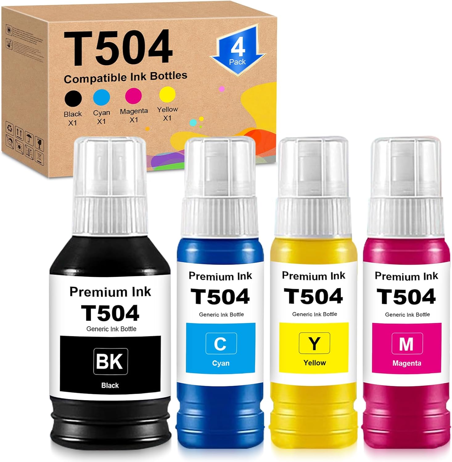 504 Ink Refill Bottles Replacement for T504BK T504C T504M T504Y Ink Bottle Compatible for L4150 L4160 L6171 Printer Ink T504 (1Black 1Cyan 1Magenta 1Yellow, 4-Pack)