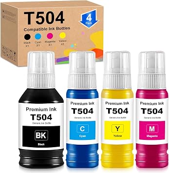 Compatible T504 Ink Refill Bottles Replacement for T504BK T504C T504M T504Y for L4150 L4160 L6171 L6161 L6191 Printer Ink T504 1Black 1Cyan 1Magenta 1Yellow