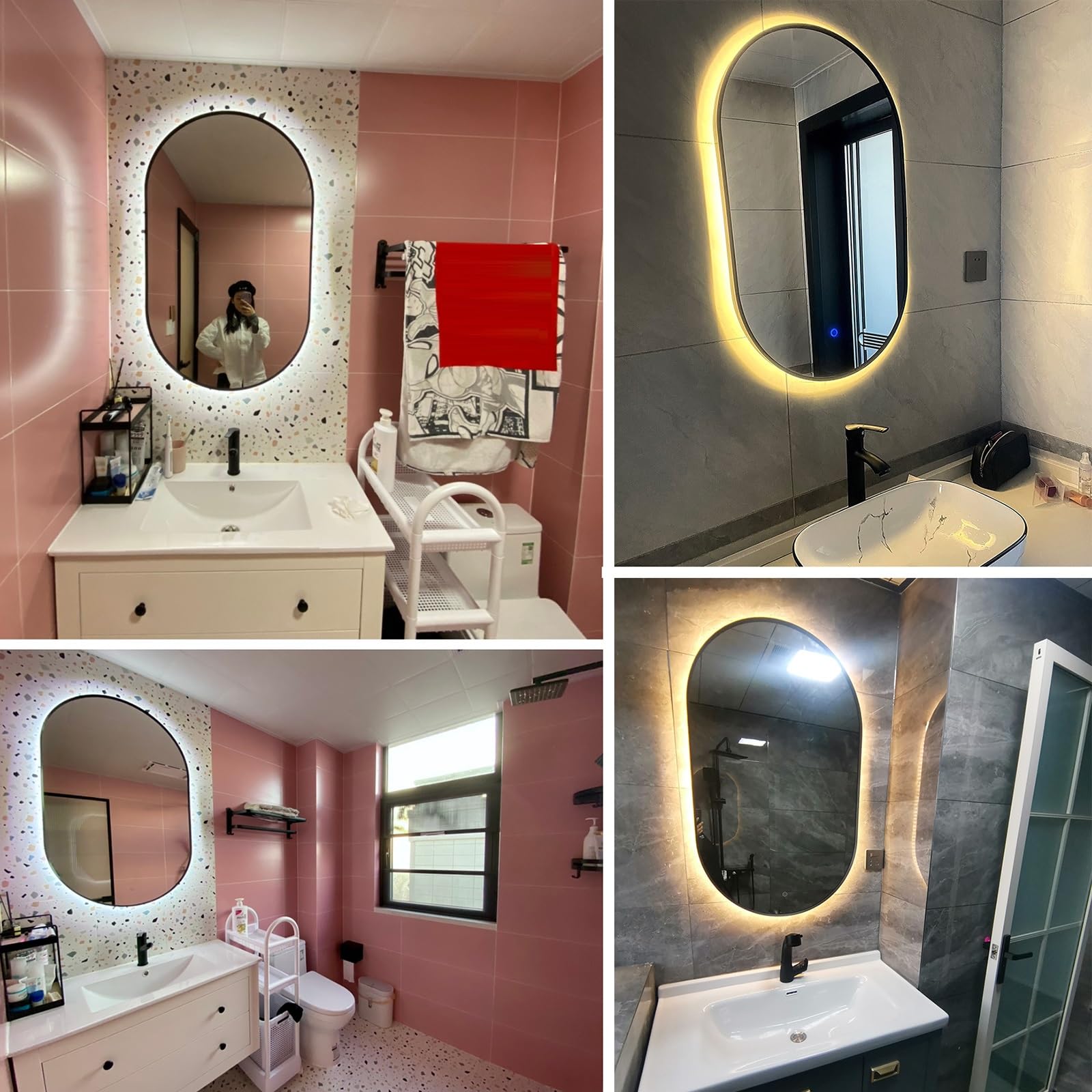 Specchio Espejo LED ovalado, Espejo de baño con Luces, Espejo de pared con Marco de aluminio, Espejo de maquillaje Inteligente, regulable 3000K/4000K/6000K, interruptor táctil, Color: Blanco