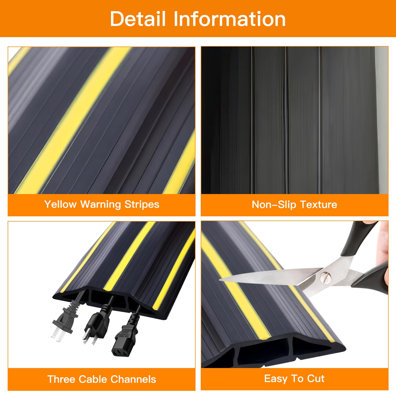 3m Protezioni Cavi Pavimento, Passacavo Calpestabile con 3 Canali Cavo, Guarnizione Soglia Porta PVC Flessibile, Canalina Passacavi per Casa, Ufficio, Scuola, Magazzino, Concerto (Nero & Giallo)