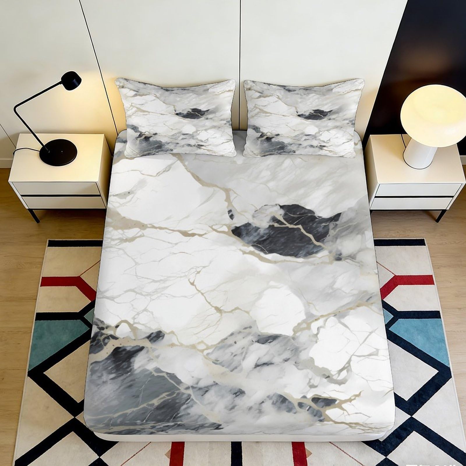 3D Printed Marble Texture Fitted Sheet Microfiber Deep Pocket Bedwrap Marble Mattress Fitted Cover Non-Slip Washable 140x200x25cm