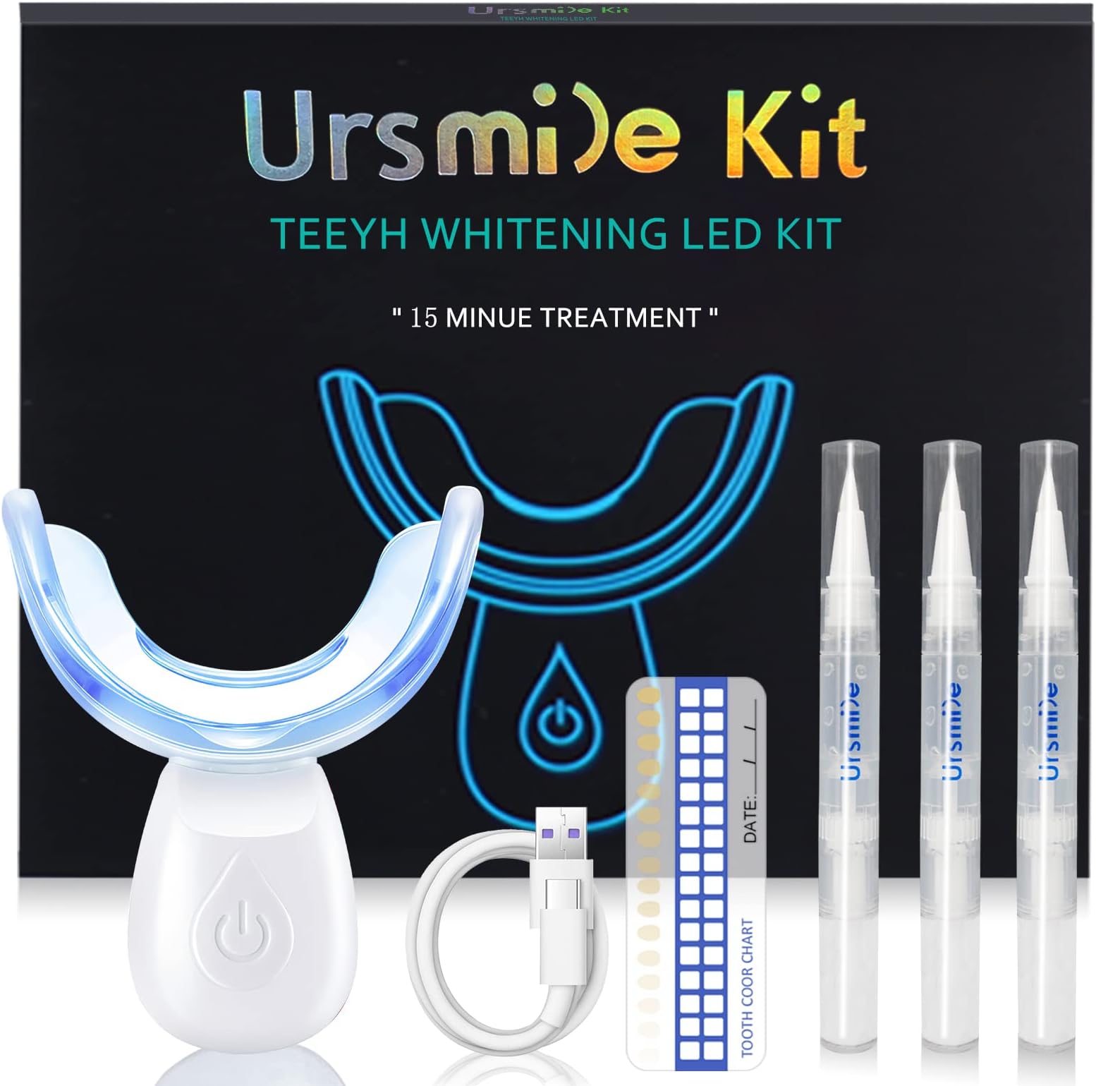 Teeth Whitening Kit with LED Light for Sensitive Teeth and Tooth Whitening System, Home Teeth Whitener with 3 Teeth Whitening Gel Refill Pens, Color Plate, Tray - White