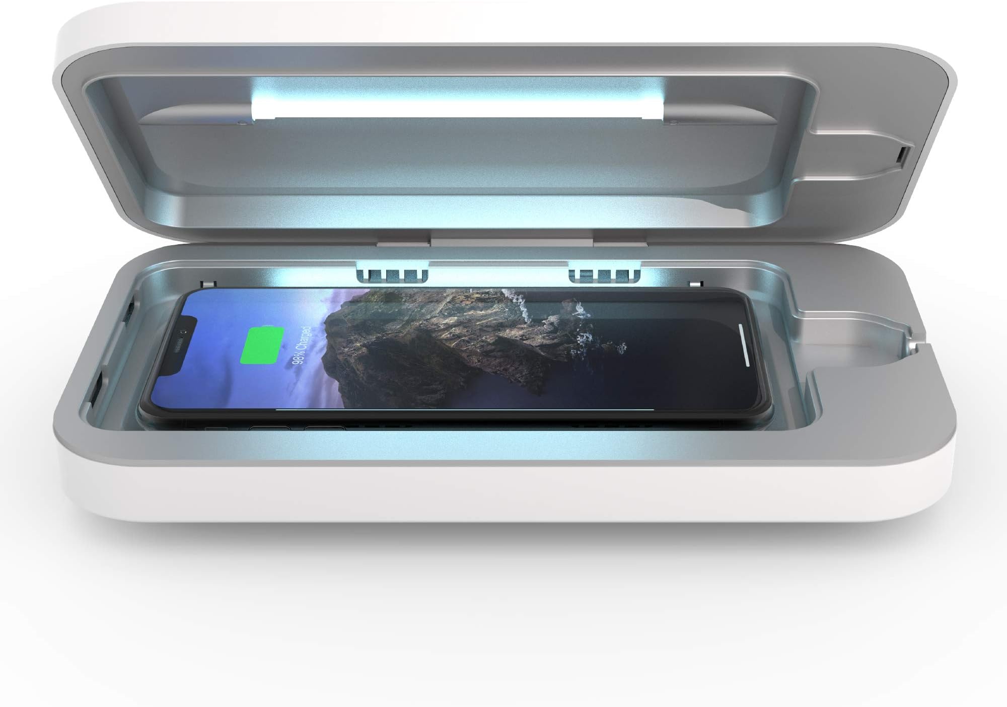 PhoneSoap Wireless UV Phone Sanitizer & Universal Phone Charger Box with Qi Charging | Patented & Clinically Proven 360-Degree UV-C Light Sanitizer | Disinfects and Charges All Phones (White)