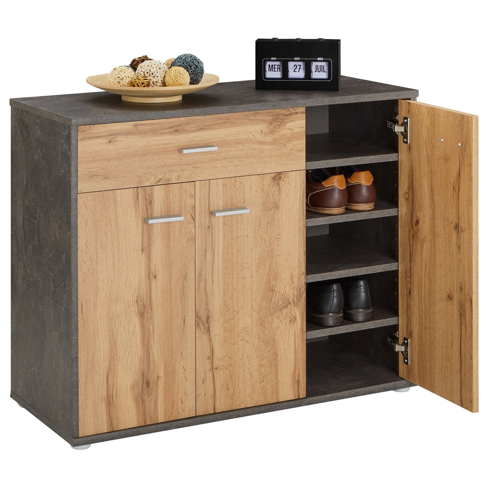 CARO-Möbel Schuhschrank DEUSTO 3 Türen 1 Schublade 7 Einlageböden für Flur und Eingangsbereich - Schuhregal geschlossen - Schuhaufbewahrung Sideboard betonoptik/Eiche