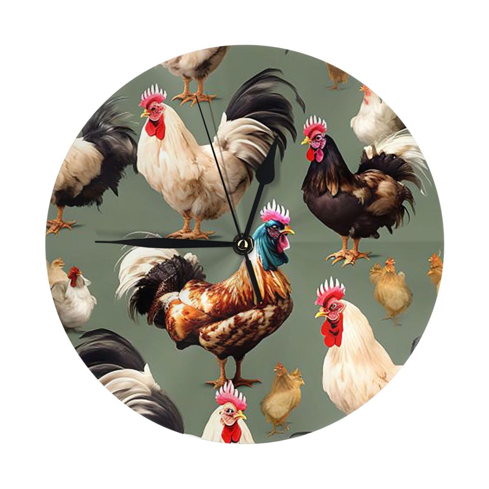 FodPand Chicken and Rooster Print Wall Clock - 10 Inch Silent Non-Ticking Modern Wall Clocks Battery Operated - Classic Simple Minimalist Analog Round Decorative Clock for Kitchen, Home, Office