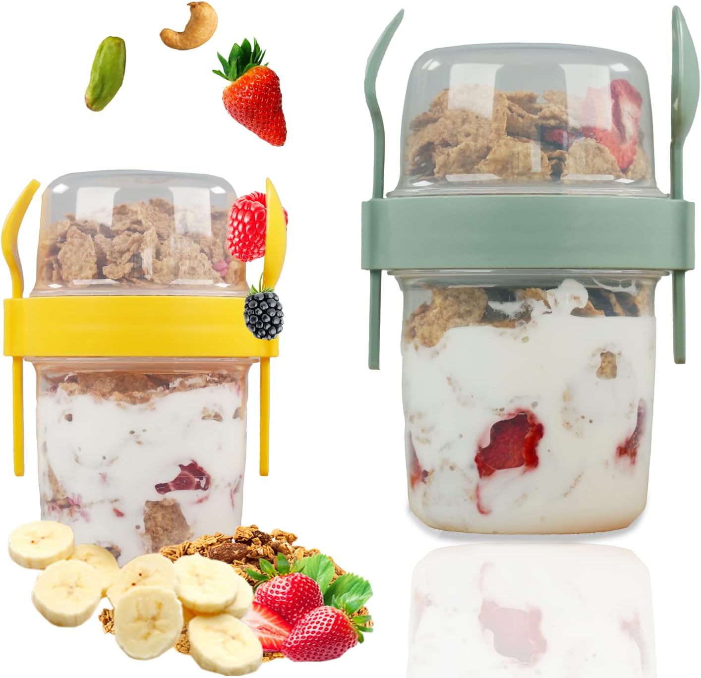 2 Pack 22 oz Breakfast On the Take and Go Cup with Topping ,spoon and fork, Overnight Oats or Oatmeal Container Yogurt Cereal Jar, Colorful Set of 2 (Yellow and Green)